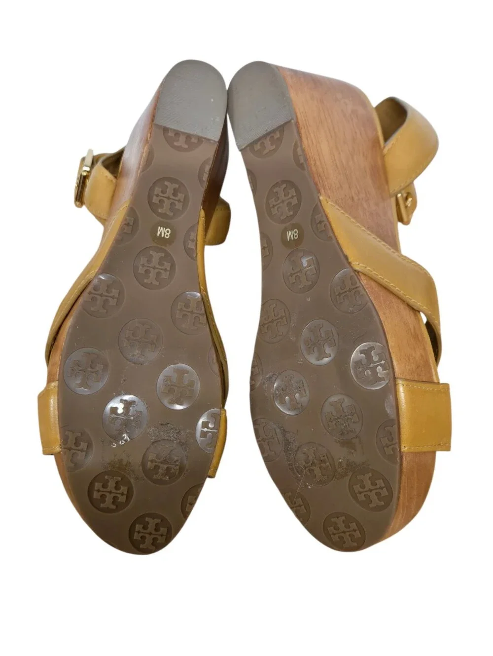 Tory Burch Almita Sandals Women's Size 8 Leather Ankle Strap Wooden Heel Wedges